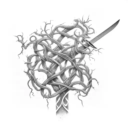 Sword Made Of Intertwined Vines With Thorns