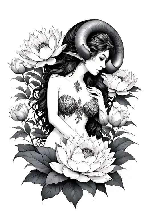 Aries Sexy Goddess Surrounded By Lotuses And Peony Flowers Growing