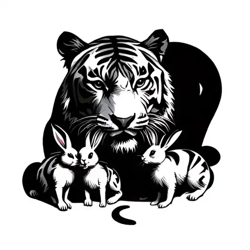 Tiger Surrounded By Mouse And Rabbit As A Family