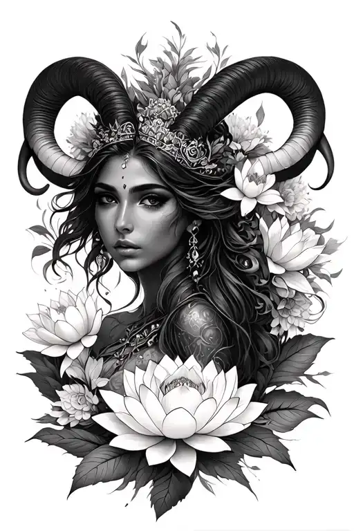 Aries Sexy Goddess Surrounded By Lotus And Poney Flowers