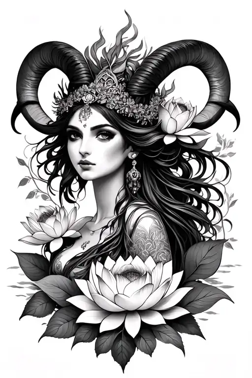 Aries Sexy Goddess Surrounded By Lotus And Poney Flowers