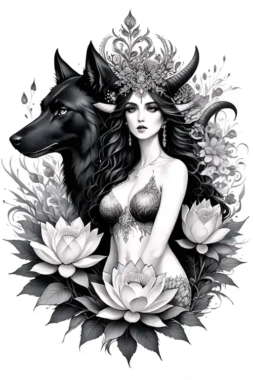 Aries Sexy Goddess Surrounded By Poeny And Lotus Flowers And Black Wolf