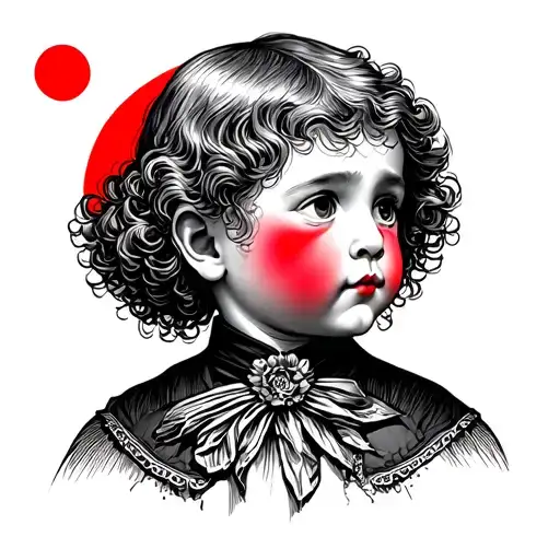 Victorian Era Kid With Wavy Hair And Red Blush With Red Sun In The Background
