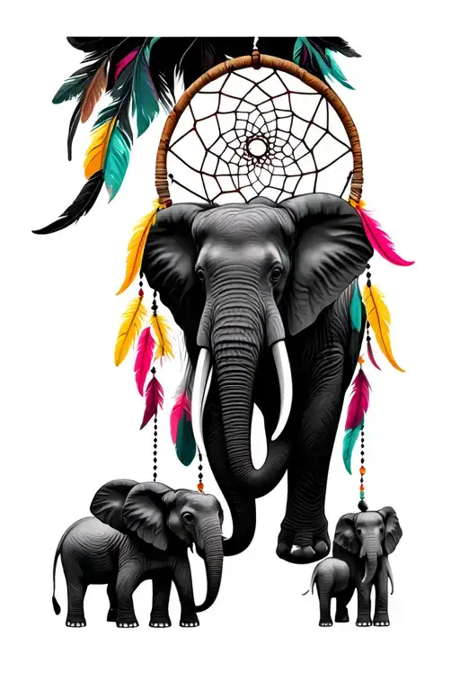 Dream Catcher With Multicoloured Yellow Pink And Red Feathers Elephant Family With 7 Baby Elephants