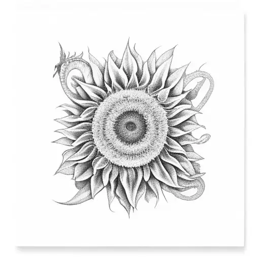 A Sunflower Transforming Into A Musical Note With A Dragon Wrapped Around It