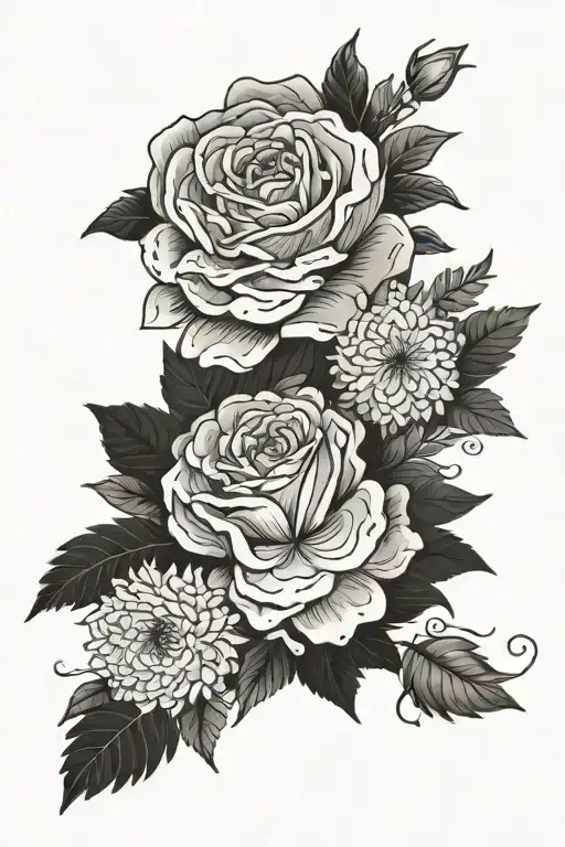 Flowers And Greenery Rose Aster Marigold And Violet