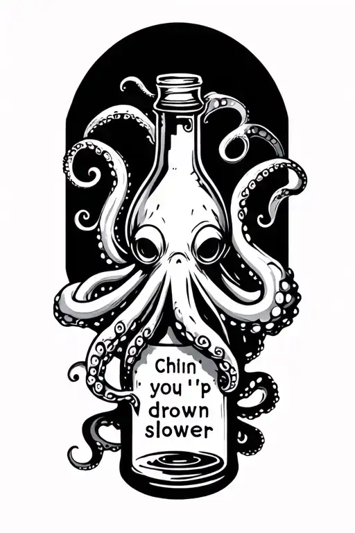 Traditional Octopus Holding A Message In A Bottle That Says Chin Up You'll Drown Slower