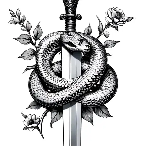 Snake Wrapped Around Dagger Surrounded With Flowers