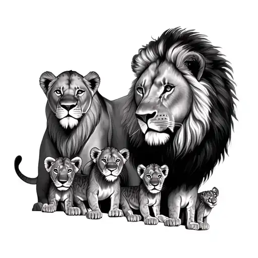Lion And Lioness With Five Cub Playing