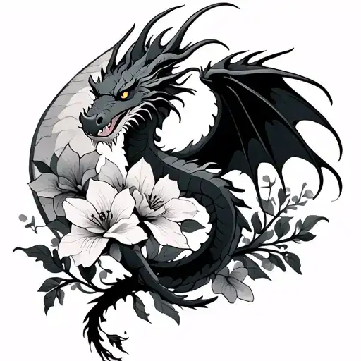 Dragon Flying And Flowers