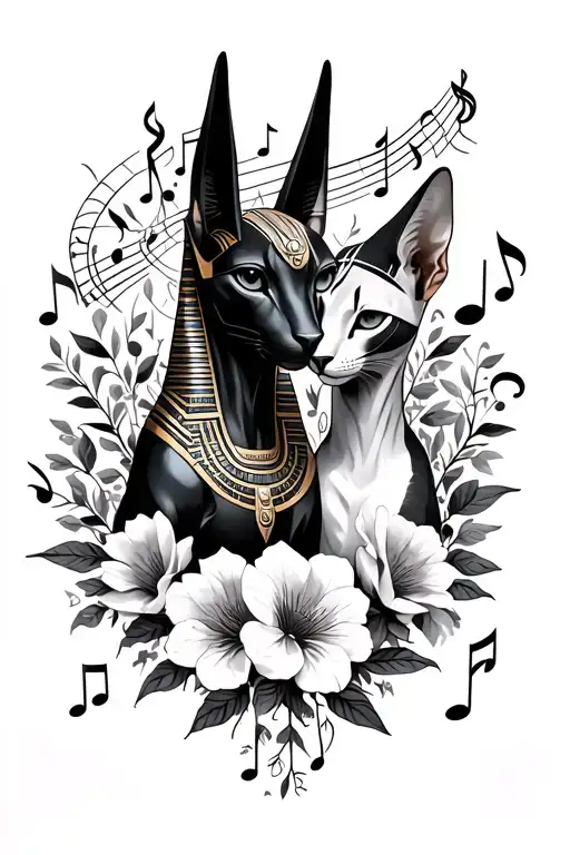 Anubis & Bastet Surrounded By Music Notes Flowers And Egyptian