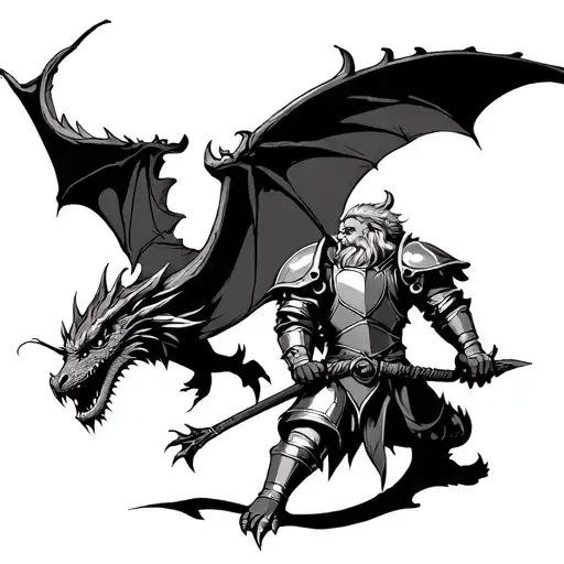 Armoured Dwarf Fighting Against A Dragon Flying
