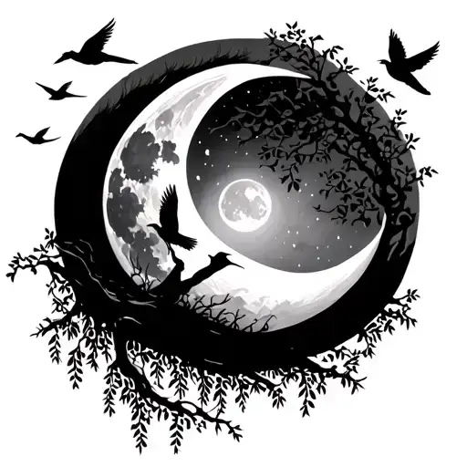 Willow Tree Moon Birds Flying Away