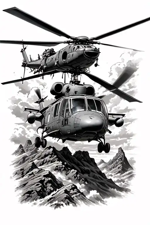 Military Themed Tattoo Featuring A Ch53e Helicopter Flying Over A Rugged Terrain
