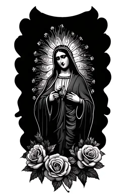 Virgen De Guadalupe Mexican With Roses Blooming
