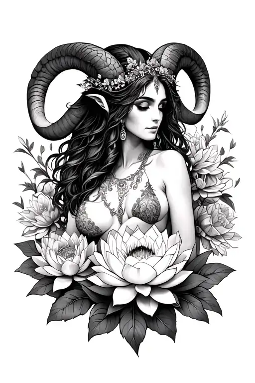 Aries Sexy Goddess Surrounded By Poeny And Lotus Flowers