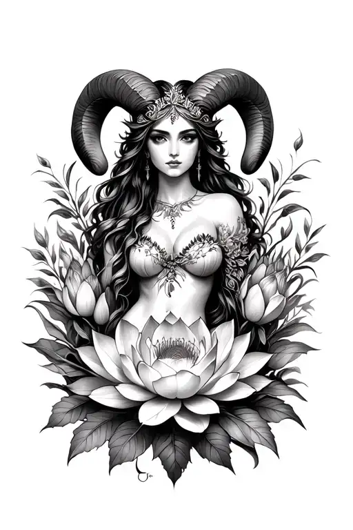 Aries Sexy Goddess Surrounded By Lotus And Poeny Flowers Surrounded