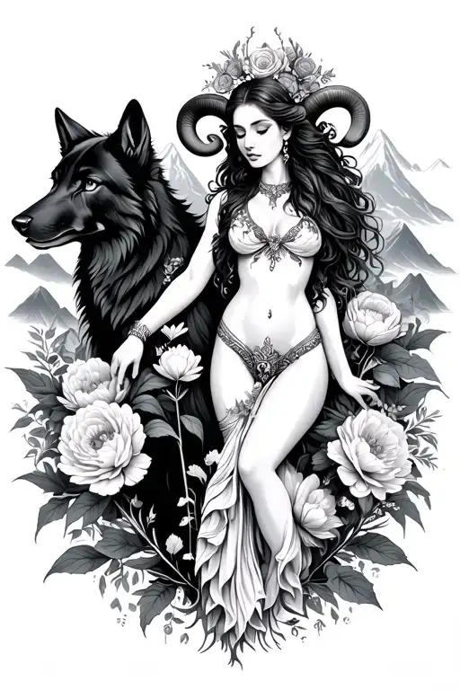 Aries Sexy Goddess Surrounded By Poeny Flowers And Black Wolf With Mountains