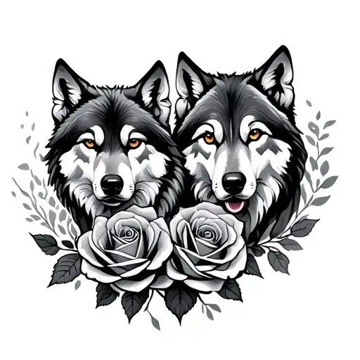 Wolf Family Members Intertwined Roses
