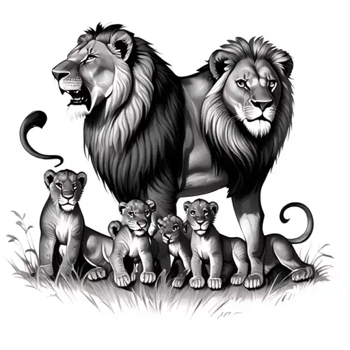 Lion And Lioness With Five Cub Playing