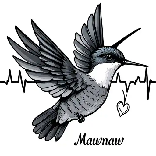 Hummingbird Outline With Heartbeat And Name Mawmaw Under Wing
