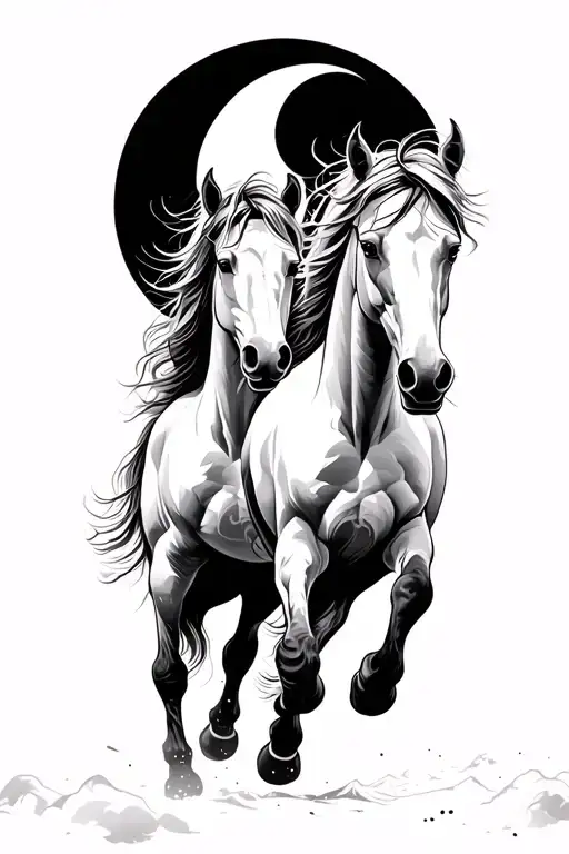 Black And White Tattoo Of Two Horses Running With A Crescent Moon In The Background