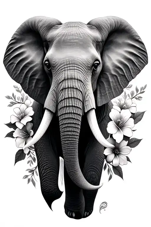 Realistic African Elephant Head With Flowers Intertwined