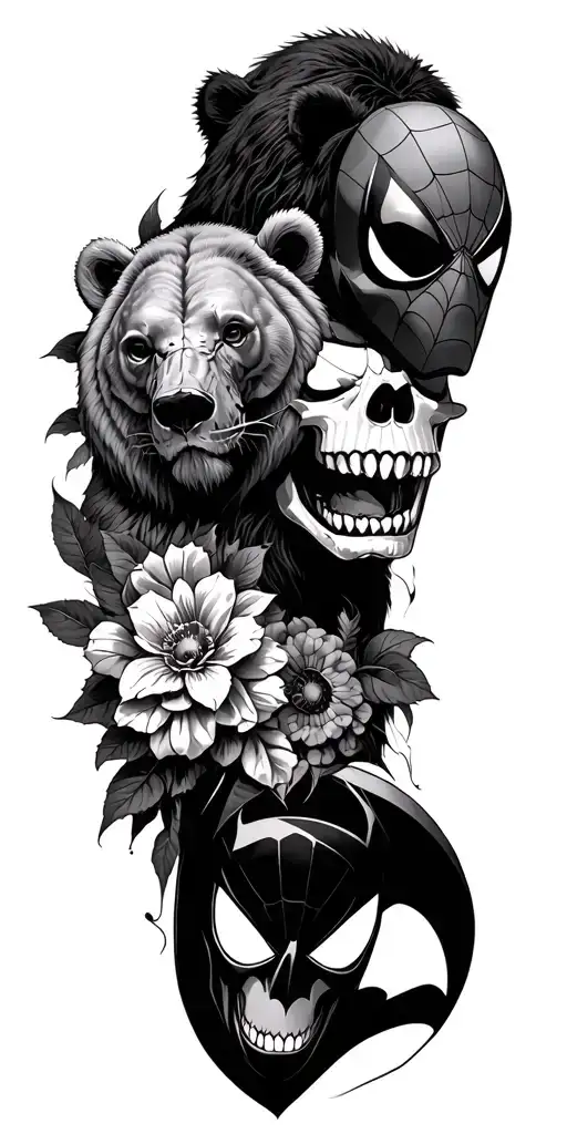Skulls With Bears And Lions With Spider-man And Batman And Flowers