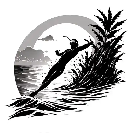 Beach Sunset And Freediver Gracefully Descending