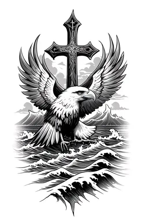 Eagle And Cross With Waves Crashing In The Background