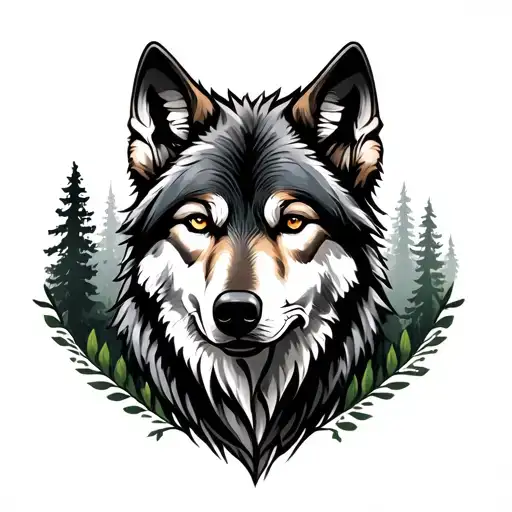 Wolf With Forest Black And Grey Tattoo Featuring