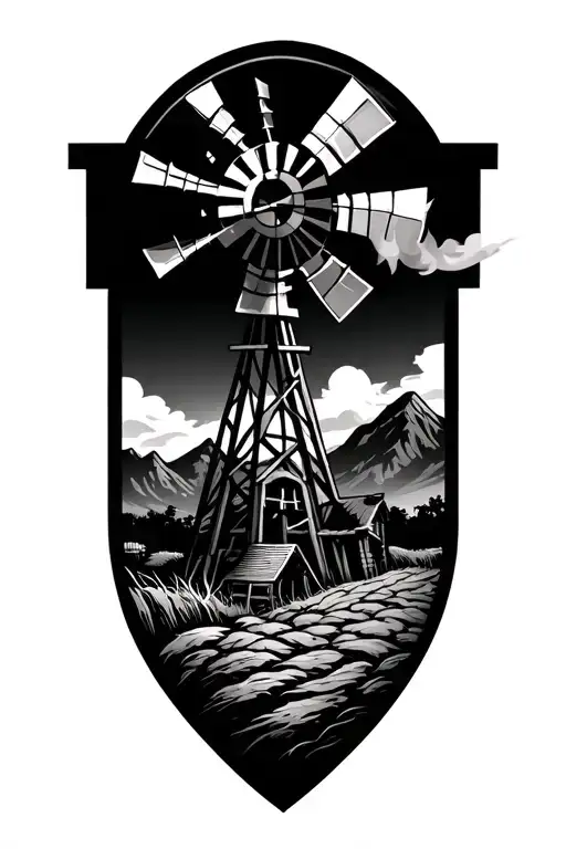 Farm Windmill With Mountains And Smoke