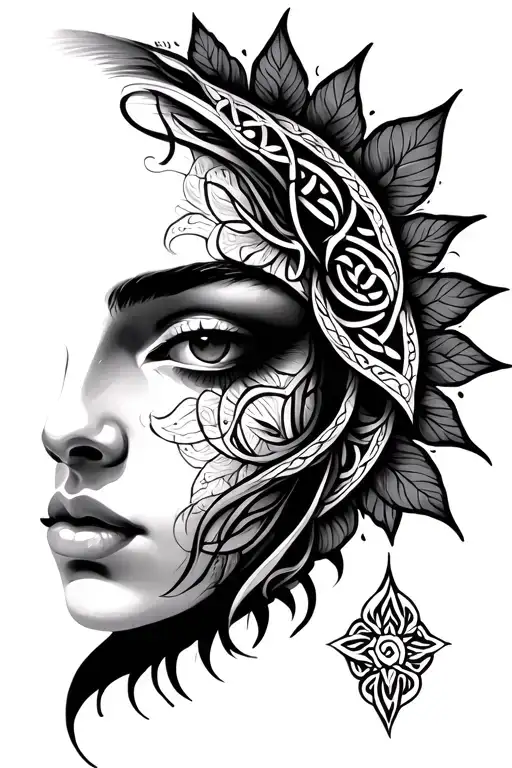 Celtic Godess Face Surrounded By Mandala Design Incorporating Elements