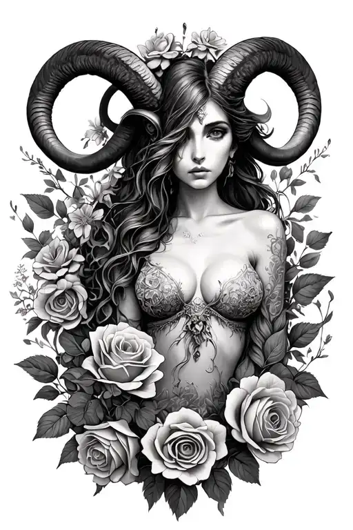 Aries Sexy Goddess Surrounded By Poeny And Roses Flowers Growing Intertwined
