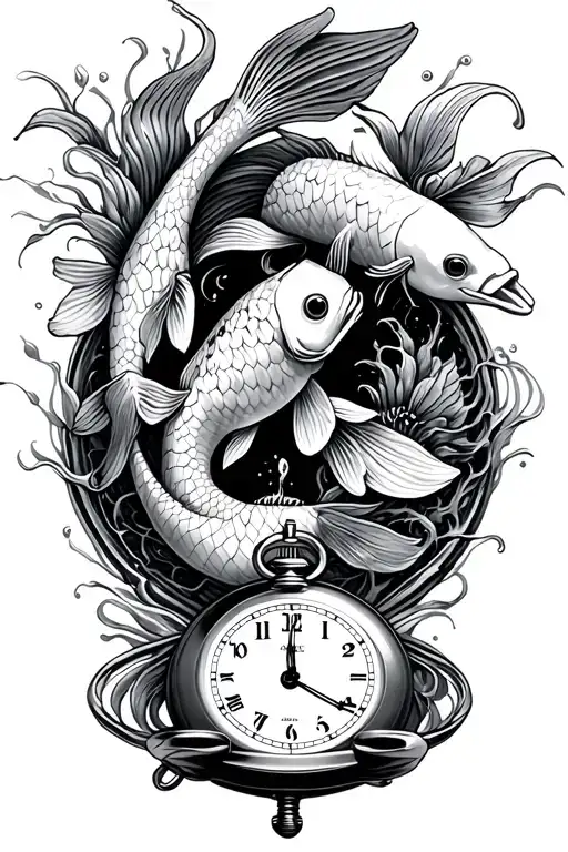 Koi Fish And Pocket Watch Surrounded