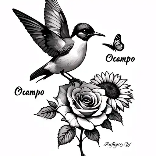 Hummbing Bird Flying With Butterfly On Top Of Red Rose And Sunflower Stem Has Ocampo Last Name On It
