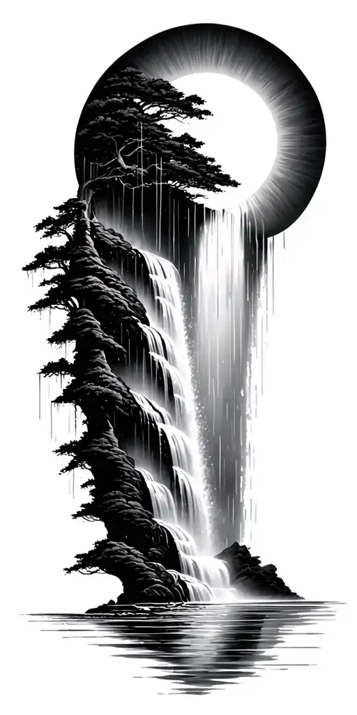 A Sun Melting Into A Waterfall That Turns Into Rain