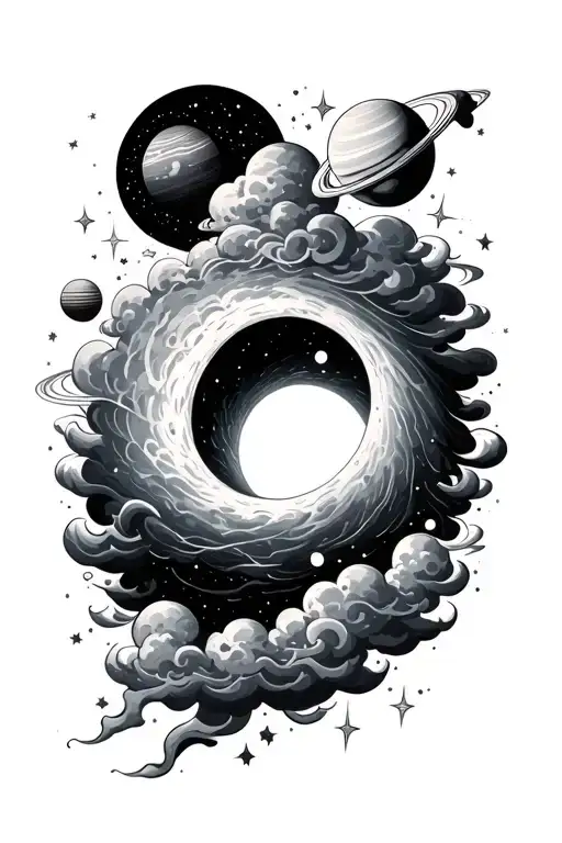 Black Hole With Clouds Stars And Planets Getting Sucked In To It