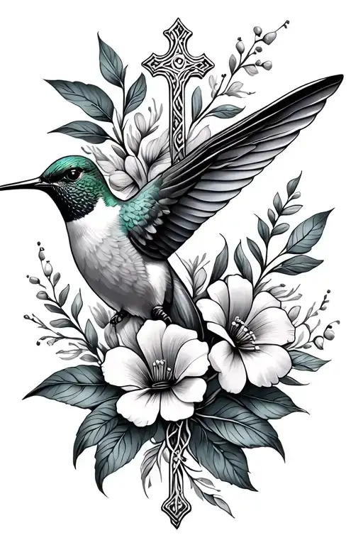 Floral With Hummingbird And Small Cross