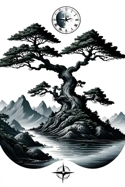 Bonsai Tree In Mountains River Flowing Clock Face Compass Moon