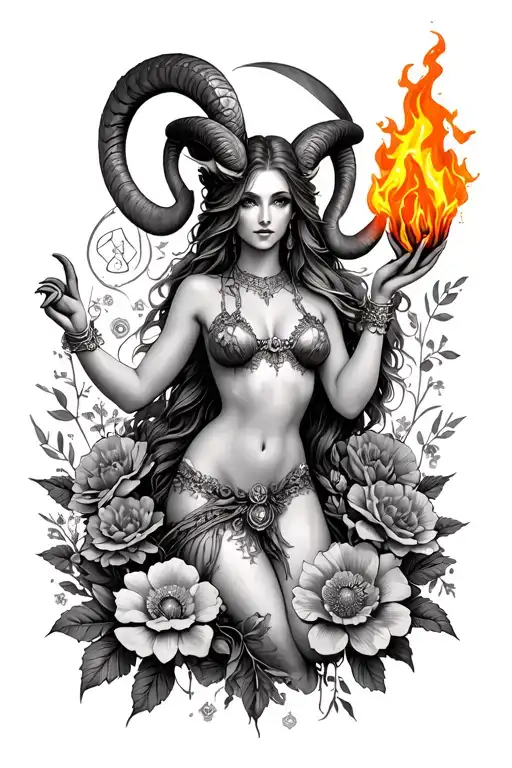 Aries Sexy Goddess Surrounded By Poeny Flowers Holding Fire With Aries Symbols