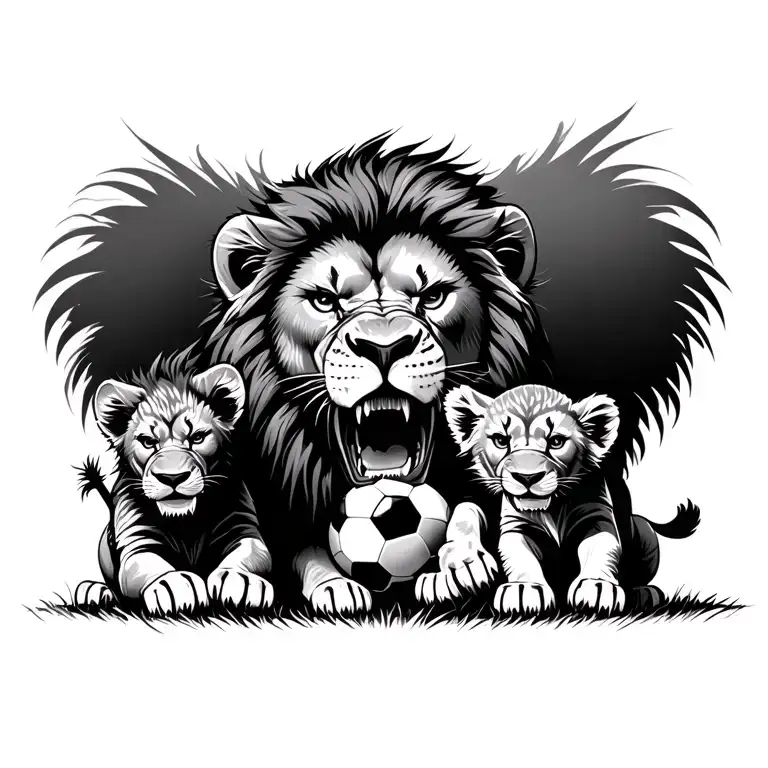 Angry Lion And Cubs Playing Soccer