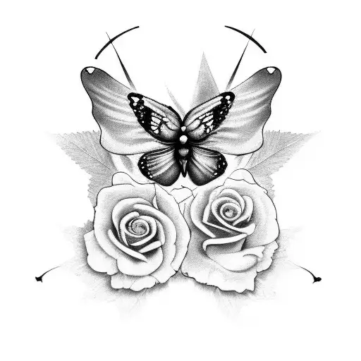 A Black And Grey Tattoo Of A Rockabilly- Gamble Style Inspired Butterfly With A Skull And Roses