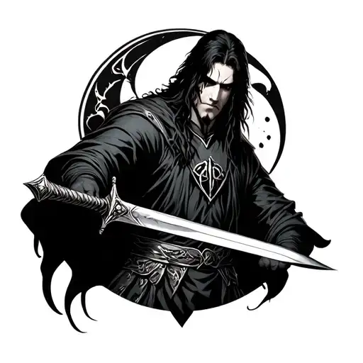 Alucard Holding A Sword With Castlevania Moon Logo Around Him