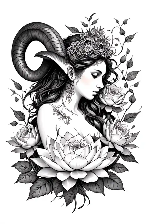 Aries Sexy Goddess Surrounded By Lotus And Roses Flowers Growing