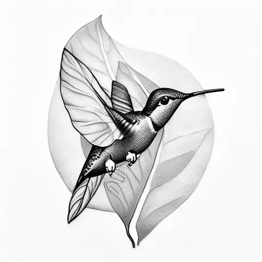 A Delicate Black-grey Tattoo Of A Hummingbird Sipping Coffee From A Monstera Leaf