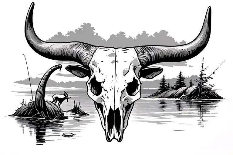 Fishing Scene And Texas Longhorn Skull