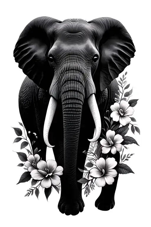 Realistic African Elephant Head With Flowers Intertwined