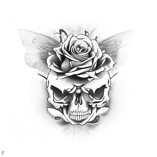A Black And Grey Tattoo Of A Rockabilly-inspired Butterfly With A Skull And Roses