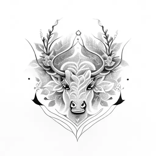 Delicate Black-grey Floral Design Incorporating Taurus Symbol